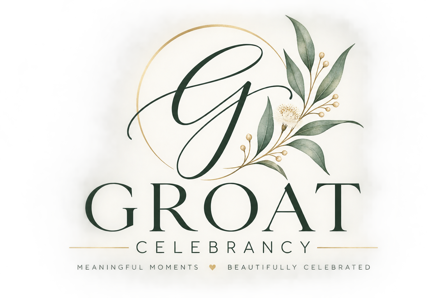 Groat Celebrancy botanical logo featuring a green G monogram, eucalyptus sprig and gold details